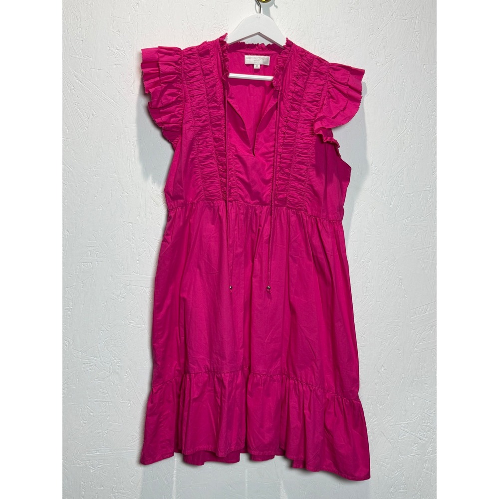 Caroline Constas Ruffle Sleeve V-Neck Tiered Mini Dress Pink Cotton Size M - Picture 2 of 4
